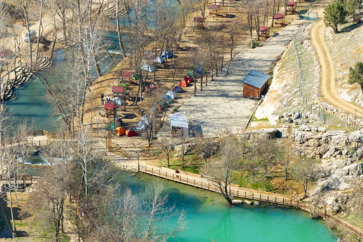 Ormanlık alanda kurulmuş geniş aile kamp çadırları